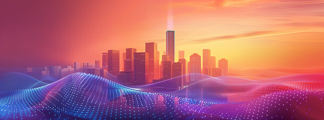 Intersecting Smart City and Abstract Dot Point with Gradient Line and Aesthetic Wave Design, Emphasizing Big Data Connection Technology