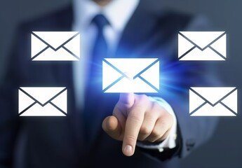 A businessman touching email icons on virtual screen on dark background