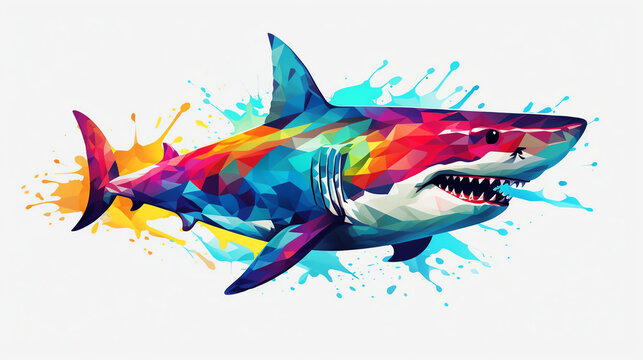 Create a watercolor painting of a shark with a low poly style