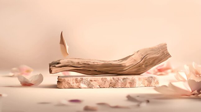 Serene composition with driftwood and floating petals in a gentle tableau