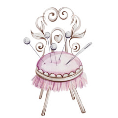 Watercolor Elegant Sewing Chair with Pin Cushion and Ornamental Details, perfect for your DIY craft corner