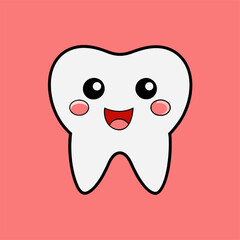 The image depicts a tooth happily smiling against a pink backdrop