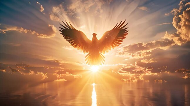 Fiery phoenix soaring towards the sun above clouds at sunset or sunrise.