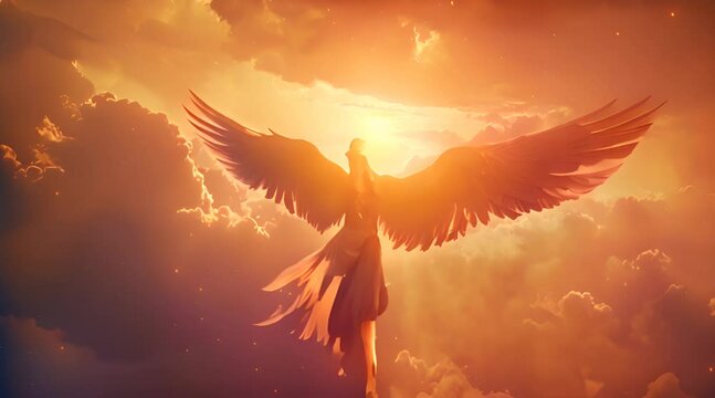 Artistic depiction of a phoenix soaring in a fiery sunset sky