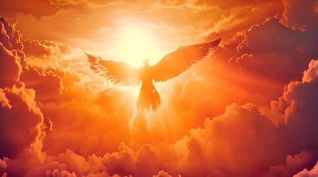 Fiery phoenix soaring towards the sun above clouds at sunset or sunrise.