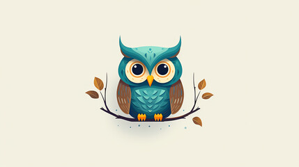 Obraz premium Design a cute and simple owl logo. The owl should be sitting on a branch with leaves. The color should be blue and brown.