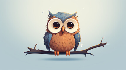 Obraz premium A cute cartoon owl with big eyes is sitting on a branch