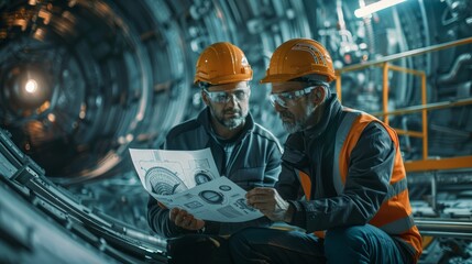 Architect and construction worker on a futuristic space station, reviewing technical blueprints for spaceship assembly.