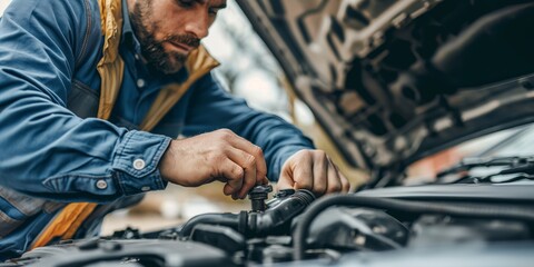 Fototapeta premium A mechanic meticulously works on a car engine, hands engaged in the repair work