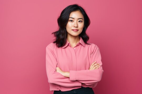 Portrait of a content asian woman in her 20s with arms crossed in solid color backdrop