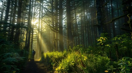 Fototapeta premium Solitary Sojourn: A Hiker's Tranquil Trek through a Sun-Dappled Forest