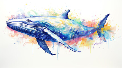 Fototapeta premium A beautiful watercolor painting of a whale. The whale is blue and white, with a splash of colorful watercolor. The whale is swimming in a sea of colorful watercolor.
