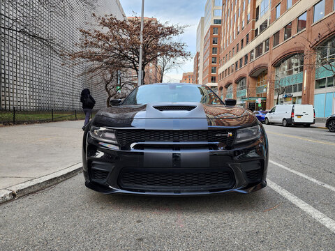 New York City, USA - March 01, 2024: 2020 Dodge Charger SRT Hellcat automotive brand car parked outdoor, front view