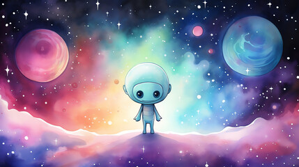 Naklejka premium An illustration of a cute alien standing on a distant planet