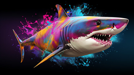 A great white shark bursts through a canvas of color, its powerful jaws open and ready to attack