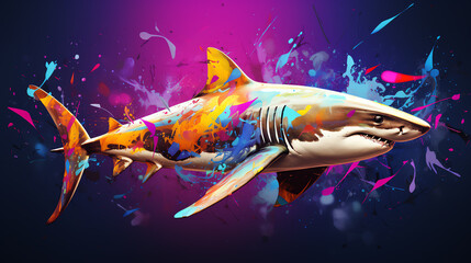 A great white shark swims through a sea of colorful splashes