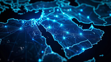 Abstract Map of Saudi Arabia, Middle East and North Africa, Global Network, Connectivity, Data Transfer, Cyber Technology, Information Exchange, Telecommunication