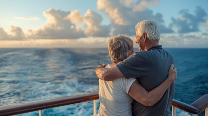 Elderly couple embracing on a cruise ship at sunset over ocean.