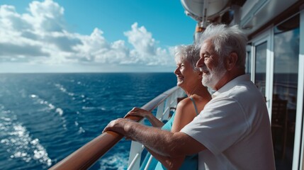 Elderly couple enjoying a sunny day on a cruise ship deck.