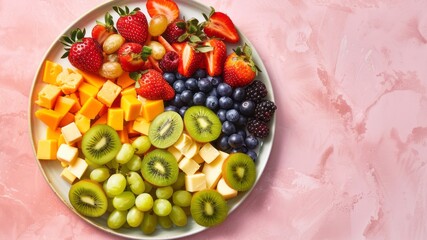 Top view of cubed cheese with berries, strawberries, kiwi, and grapes on a plate.