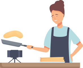 Illustration of a smiling woman expertly flipping pancakes in her kitchen