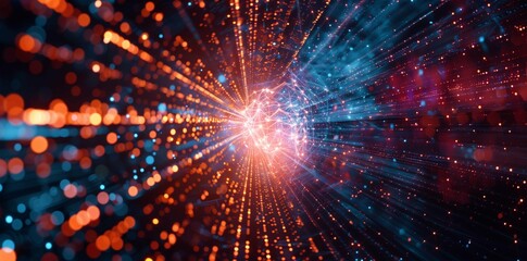 Obraz premium Digital Particles Explosion in Abstract Tech Background, Quantum Core, Computing Network System, Artificial Intelligence, and Global Data Connections