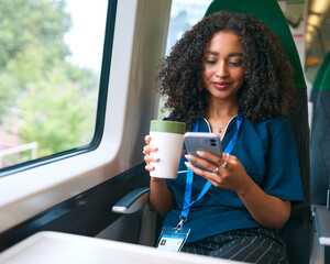 Female Doctor Or Nurse Commuting On Train With Mobile Phone And Reusable Coffee Cup