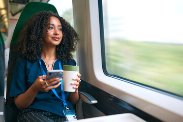 Female Doctor Or Nurse Commuting On Train With Mobile Phone And Reusable Coffee Cup