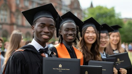 Obraz premium Diverse Group of International Students Celebrating Graduation Achievement in Front of University Building