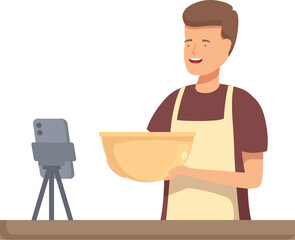 Smiling man recording a cooking vlog video on his smartphone in a modern kitchen. Demonstrating food preparation and baking tutorial