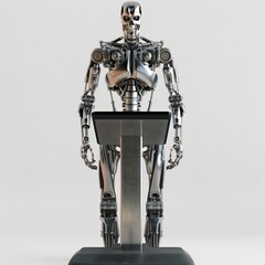 A terminator-style skeletal steel robot standing behind a lectern in a white background.
