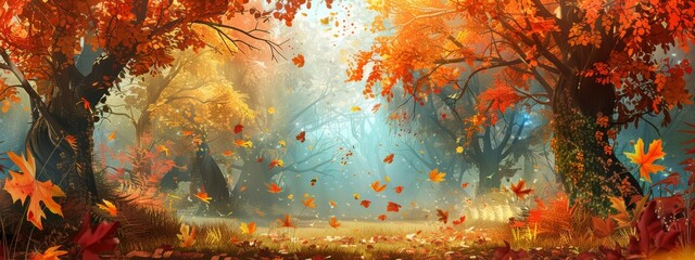 A serene, autumn forest background with colorful foliage and fallen leaves.