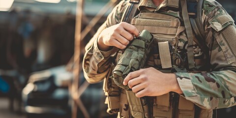 Military person gripping and adjusting tactical gear with a blurry background