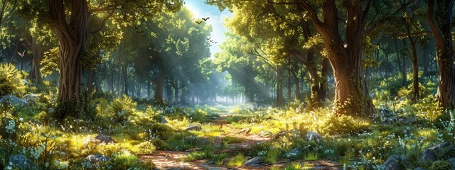 A serene forest trail with towering trees, dappled sunlight, and a variety of wildlife. Peaceful and natural setting.