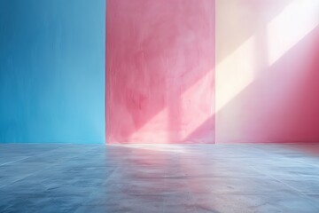 Modern interior with pastel-colored walls in pink, blue, and neutral tones, illuminated by natural sunlight creating a calm and peaceful atmosphere.