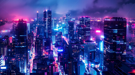Fototapeta premium Futuristic cityscape at night, illuminated by neon lights, showcasing advanced urban development and smart city technology