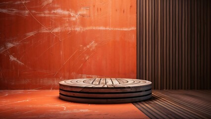 Podium for Presenting Circular Wooden Products: Minimalism and Orange Texture in Harmony for Summer.