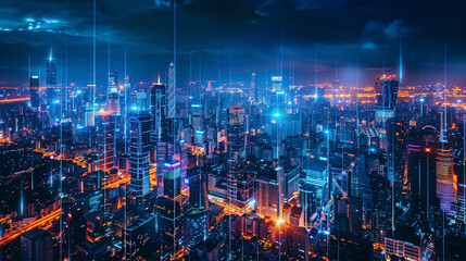 Fototapeta premium Futuristic cityscape at night, illuminated by neon lights, showcasing advanced urban development and smart city technology