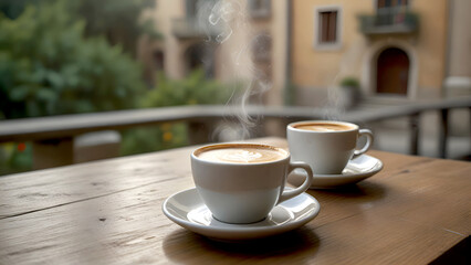 Espresso coffee on a simple wooden table surrounded by scattered coffee beans against a natural backdrop
