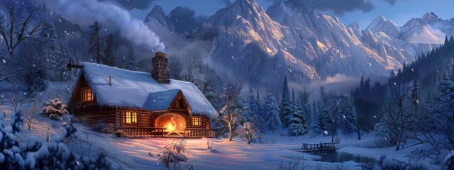 A serene, mountain cabin background with a cozy fireplace and snow-covered roof.