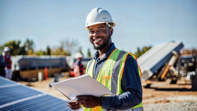 African American Engineer in safety gear meticulously inspects solar panels, clipboard in hand, with a team and solar equipment arrayed in the background.