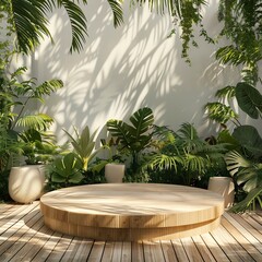 Serene outdoor wooden deck surrounded by lush green plants and tropical leaves, creating a tranquil and natural atmosphere.