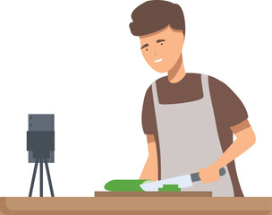 Young male vlogger preparing food while filming a howto cooking video for his online audience