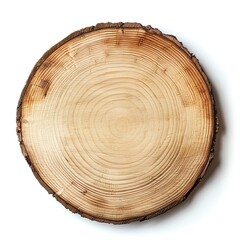 Fototapeta premium Wooden tree trunk cross-section with visible annual rings and bark. Isolated on white background. Natural texture, rustic style, organic design.
