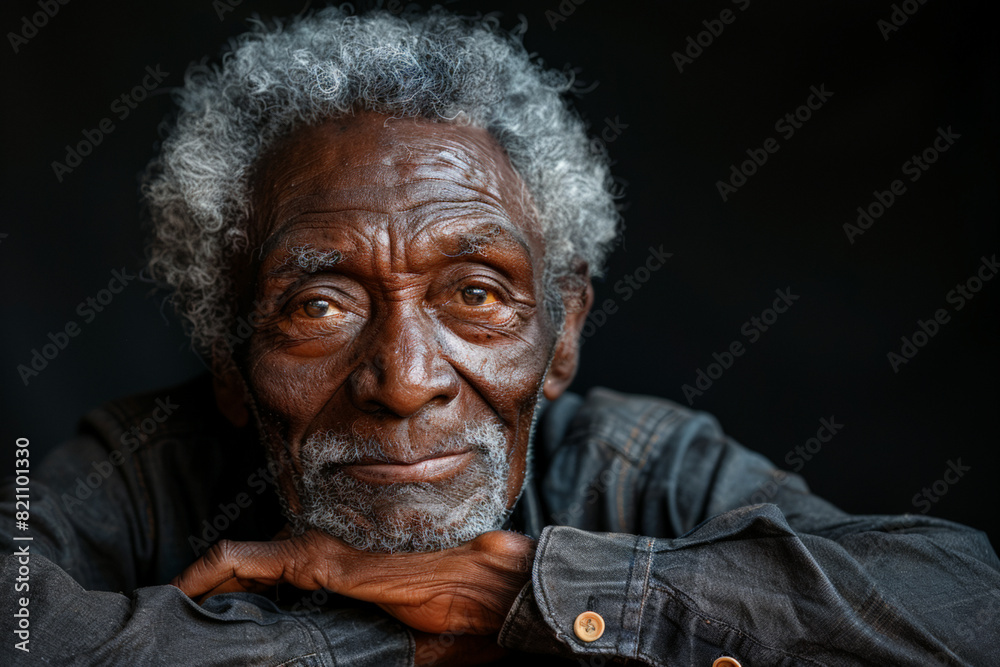 Wall mural Older Afro-American man with grey hair in black shirt against blank black background for advertising