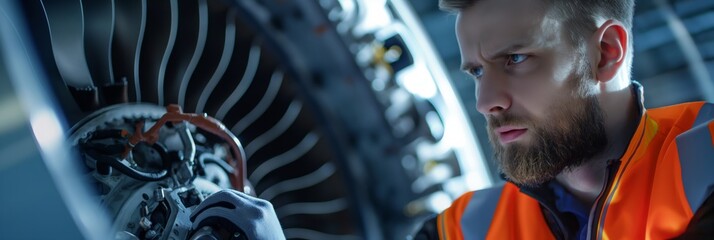 An aircraft maintenance engineer intently examines a jet engine, demonstrating precision and expertise