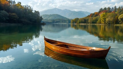 Obraz premium Tranquil Boating Journey: A Wooden Rowboat's Peaceful Voyage on a Mirrored Lake