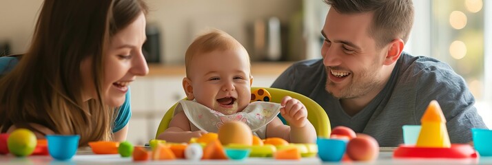 A joyful family shares a playful mealtime with their laughing baby, illustrating love and domestic happiness - Powered by Adobe
