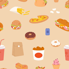 Tasty burger, pizza, donuts and drinks seamless pattern. Fast food print design for wrapping or fabric. Cafe delivery, restaurant, kitchen vector background