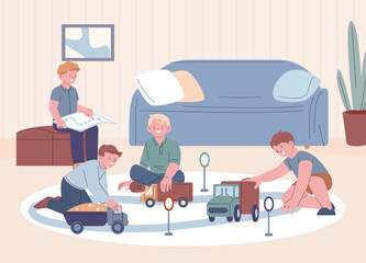 Children play together in room. Boys logistic game. Happy cartoon little kids playing with cars at home. Childhood and friendship, vector fun scene